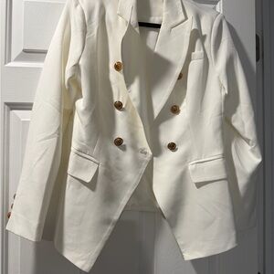 SHEIN White Double-Breasted Blazer with Brown Buttons